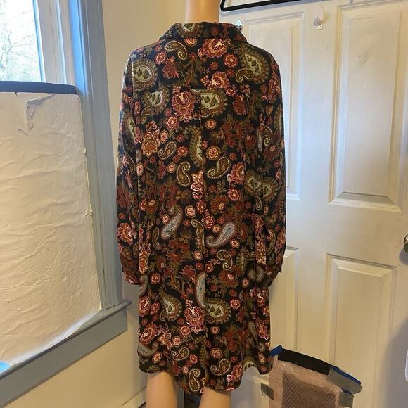 Spense Women Button Up Shirt 1X Black Brown Paisley Hi Low Coastal Sheer Long Sl - Picture 8 of 9